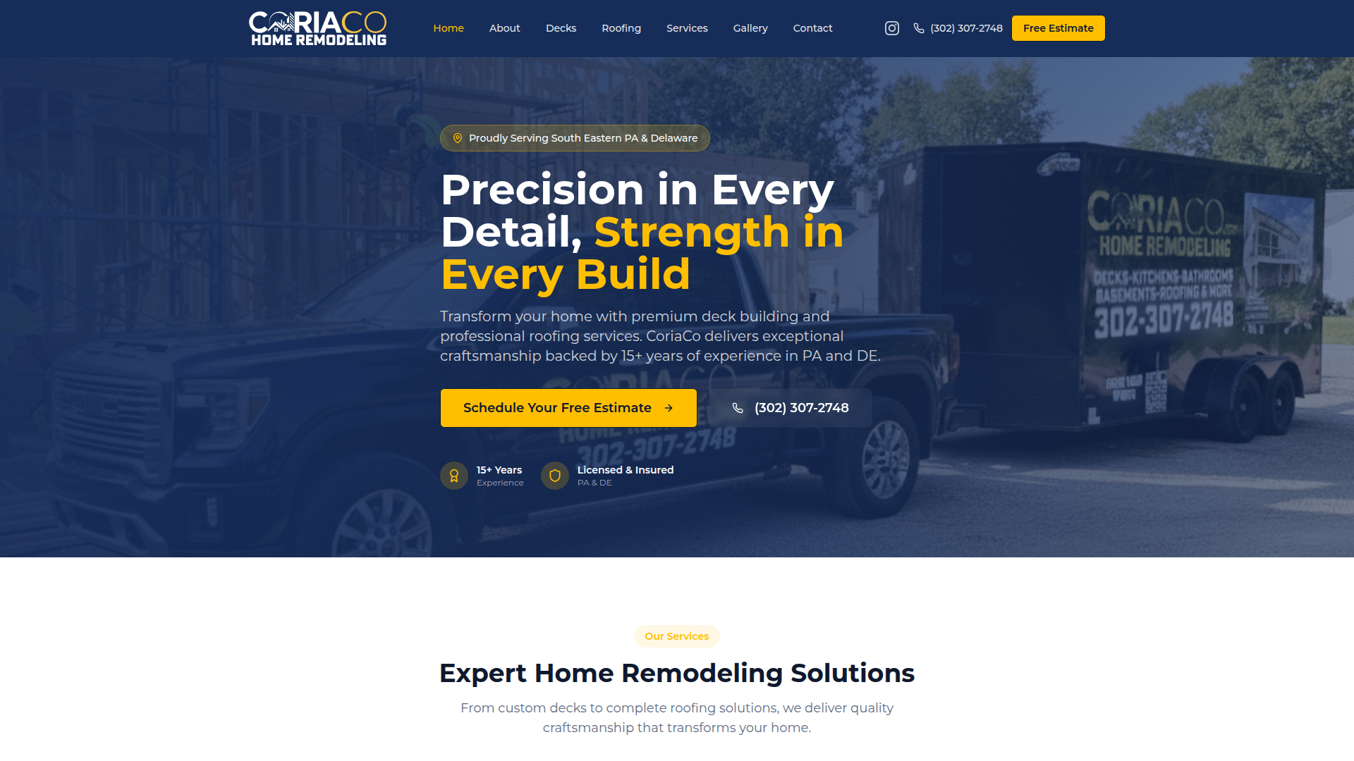 CoriaCo Construction website built by Zero Degree Media showing professional contractor homepage