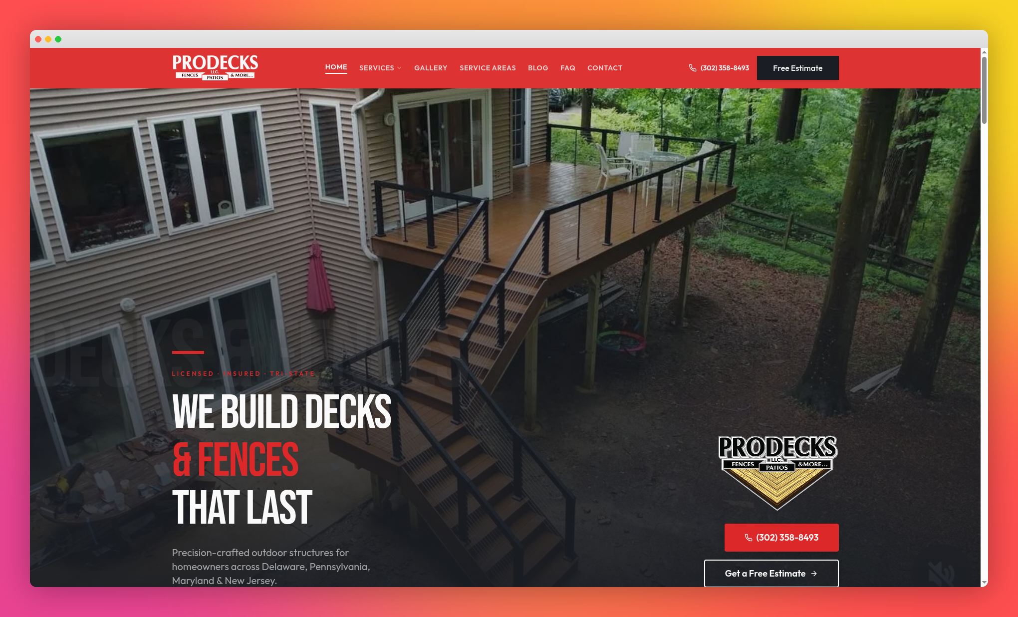 ProDecks outdoor living website built by Zero Degree Media featuring project gallery and estimates