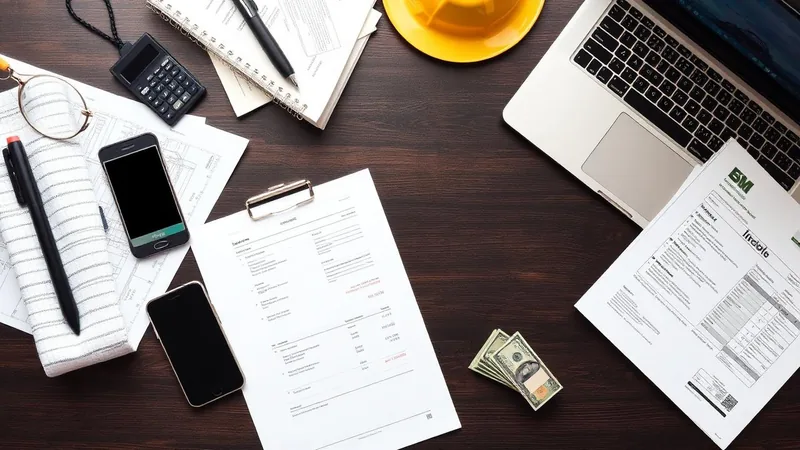 Contractor business tools and invoices on a desk