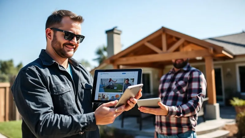 Contractor showing portfolio website to a client on a tablet