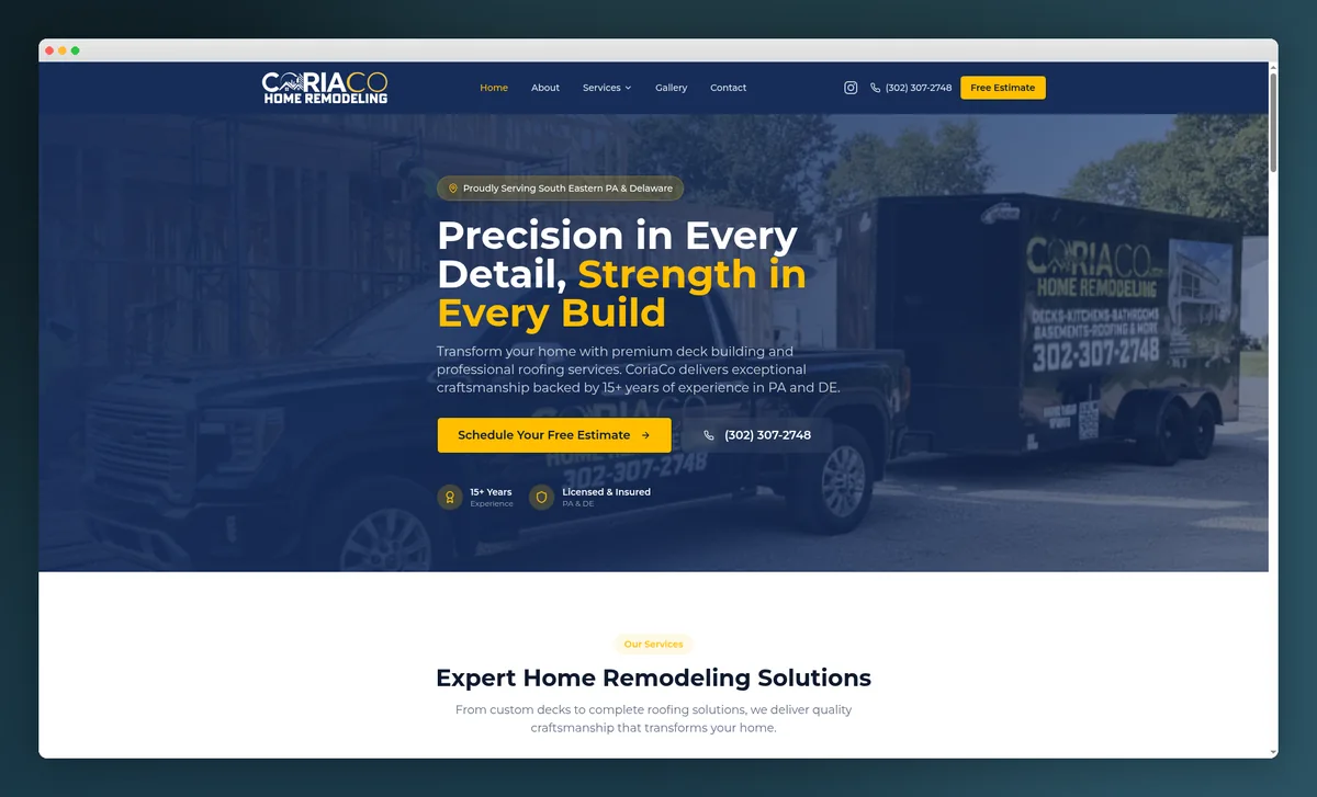 CoriaCo Home Remodeling website homepage on desktop and mobile